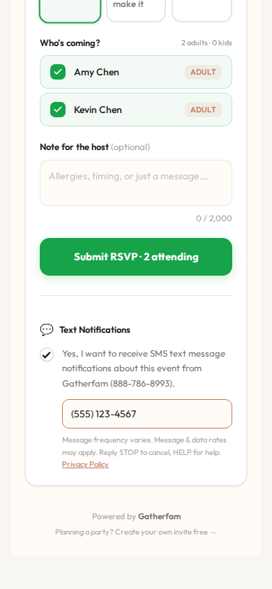 Screenshot of the RSVP page showing the SMS opt-in checkbox checked with a phone number entered in the input field