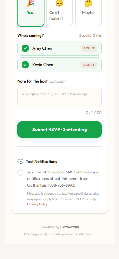 Screenshot of the RSVP page showing the SMS opt-in checkbox unchecked by default, with consent language visible below the submit button